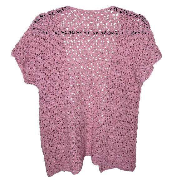 Vintage Dusty Rose Pink Crochet Button Up Cardigan Sweater Short Sleeve Knit - Picture 4 of 5